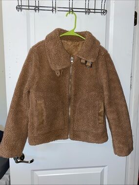 H&M Faux Shearling Teddy Aviator Jacket in Camel Brown - Size Small